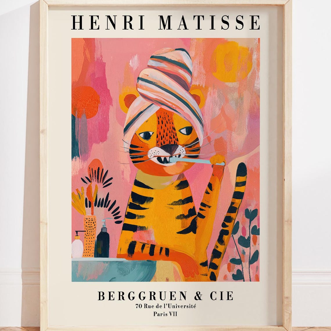 Tiger Brushing Teeth Matisse Style Colorful Funny Animal Art Poster