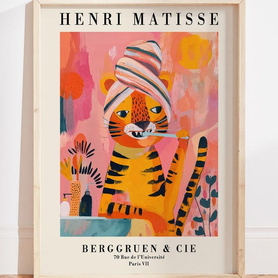 Tiger Brushing Teeth Bathroom Wall Art Print Colorful Matisse Poster Dopamine Decor Spa