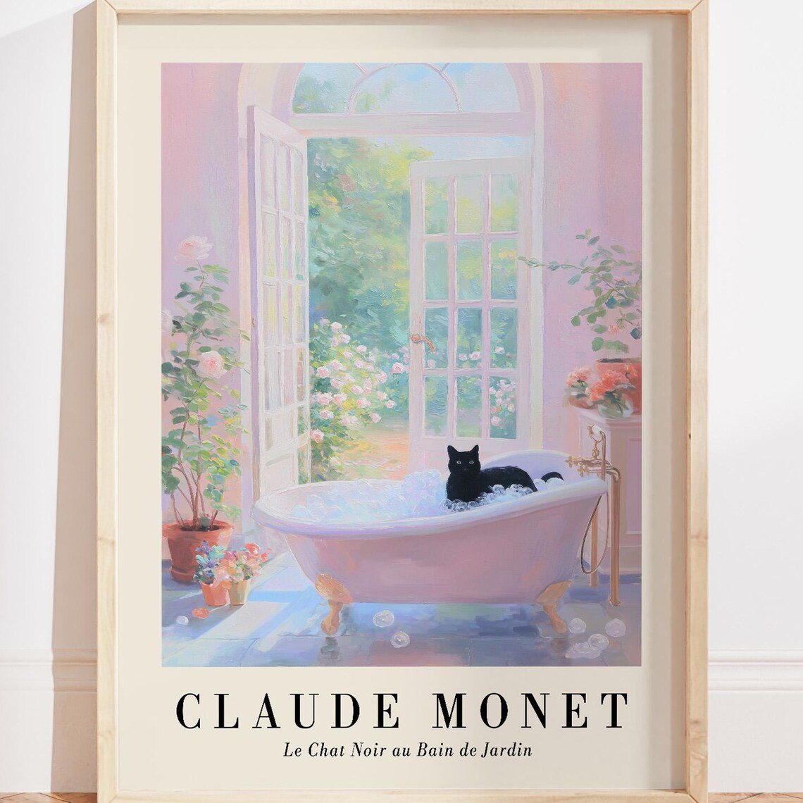 Monet-Inspired Black Cat Bathtub Art Print, Pastel Bathroom Decor