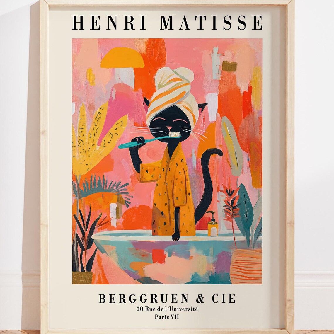 Black Cat Brushing Teeth Matisse Bathroom Art Print