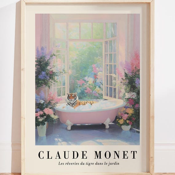 Tiger In A Bathtub Pastel Wall Art Print Monet Bathroom Pink Decor Floral