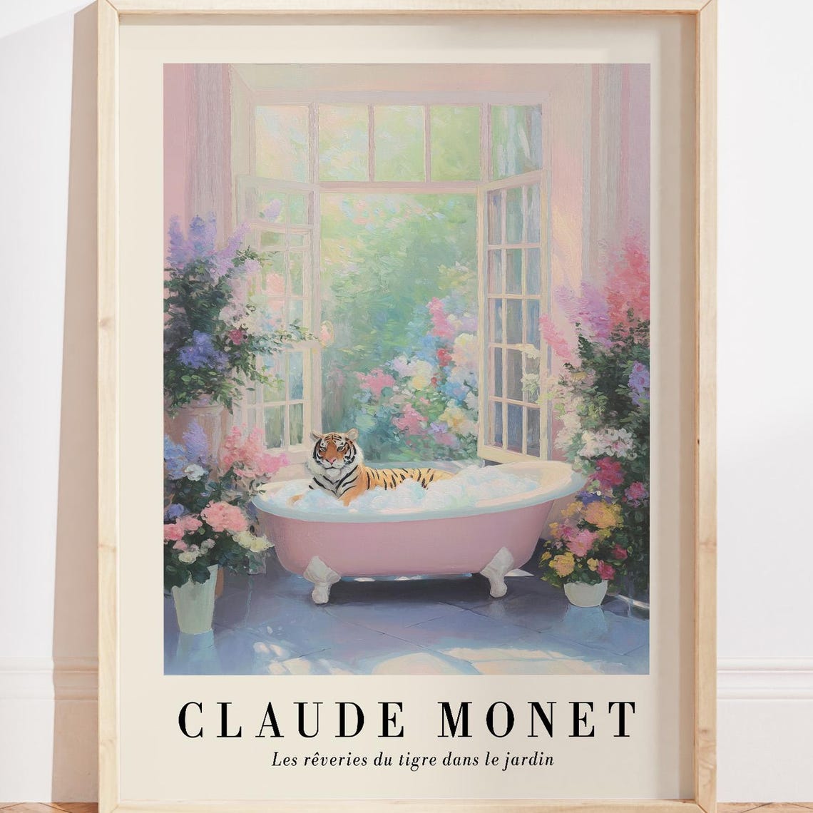 Tiger Bathtub Pastel Garden Monet Inspired Whimsical Animal Poster
