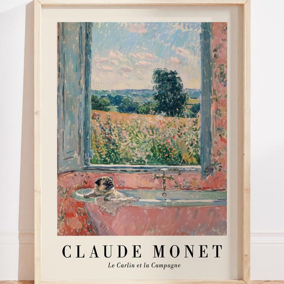Monet Bathroom Wall Art Painting Print Dopamine Decor Pink Pastel Claude Poster Pug Gift