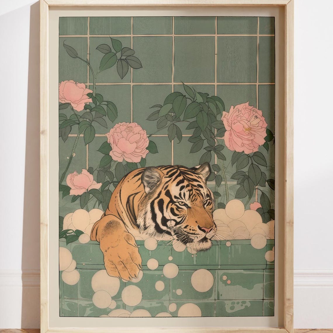 Tiger Resting In A Bubble Bath Pink Peonies Ukiyoe Art Poster