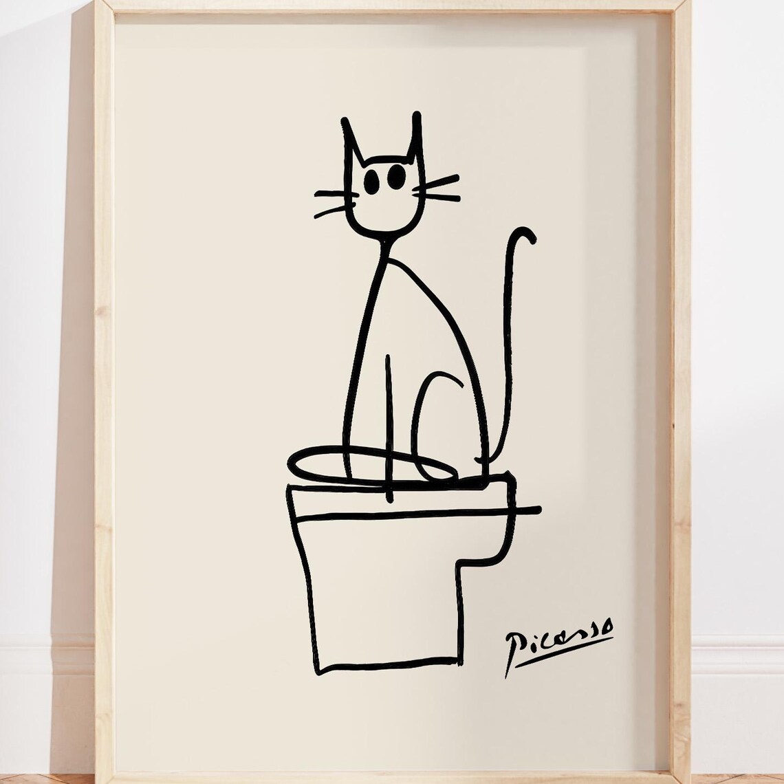 Black Cat on a Toilet, Picasso-Inspired Line Art