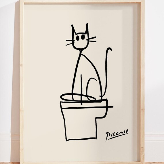 Black Cat on a Toilet, Picasso-Inspired Line Art