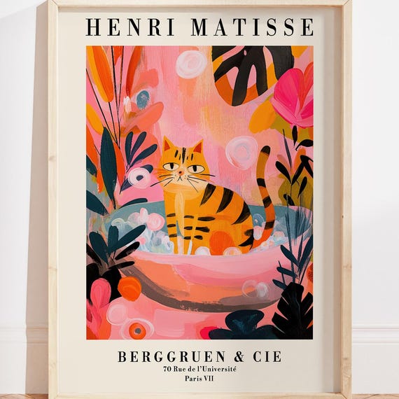Tabby Cat Bathroom Wall Art Print Colorful Matisse Poster Dopamine Decor Orange Gift Bathtub