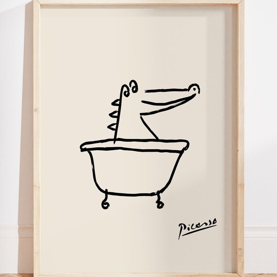 Crocodile In Bathtub Minimalist Line Drawing Bathroom Wall Art