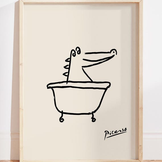 Picasso Crocodile Bathtub Wall Art Print Bathroom Minimalist Decor Line Drawing