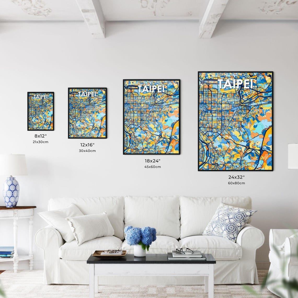 Taipei Taiwan Blue Orange City Map Poster Bold Modern Street Grid Art - Image 3