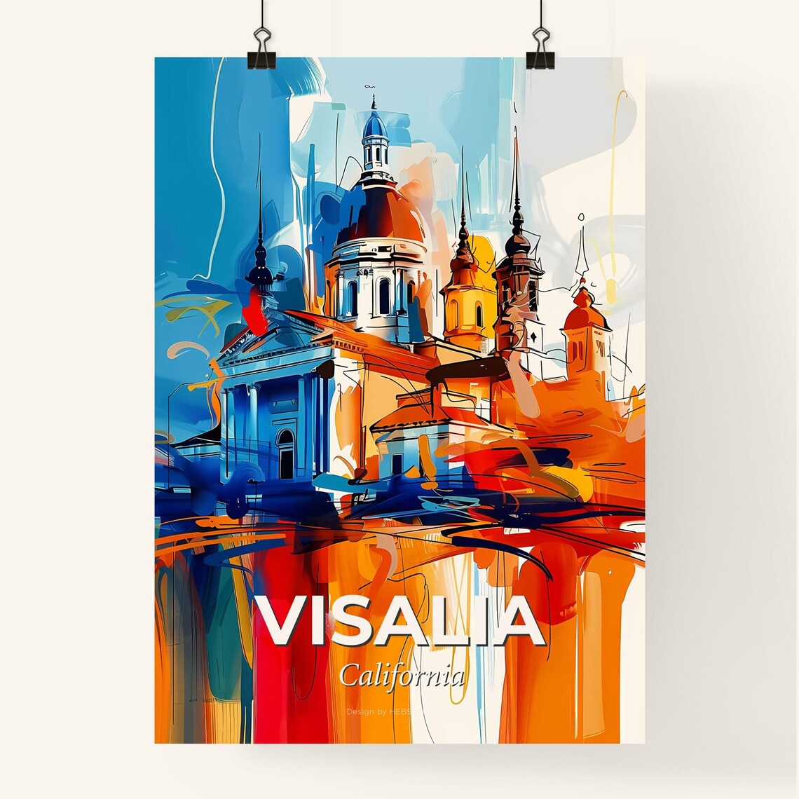 Visalia California Vibrant Watercolor Church Cityscape Poster - Image 4