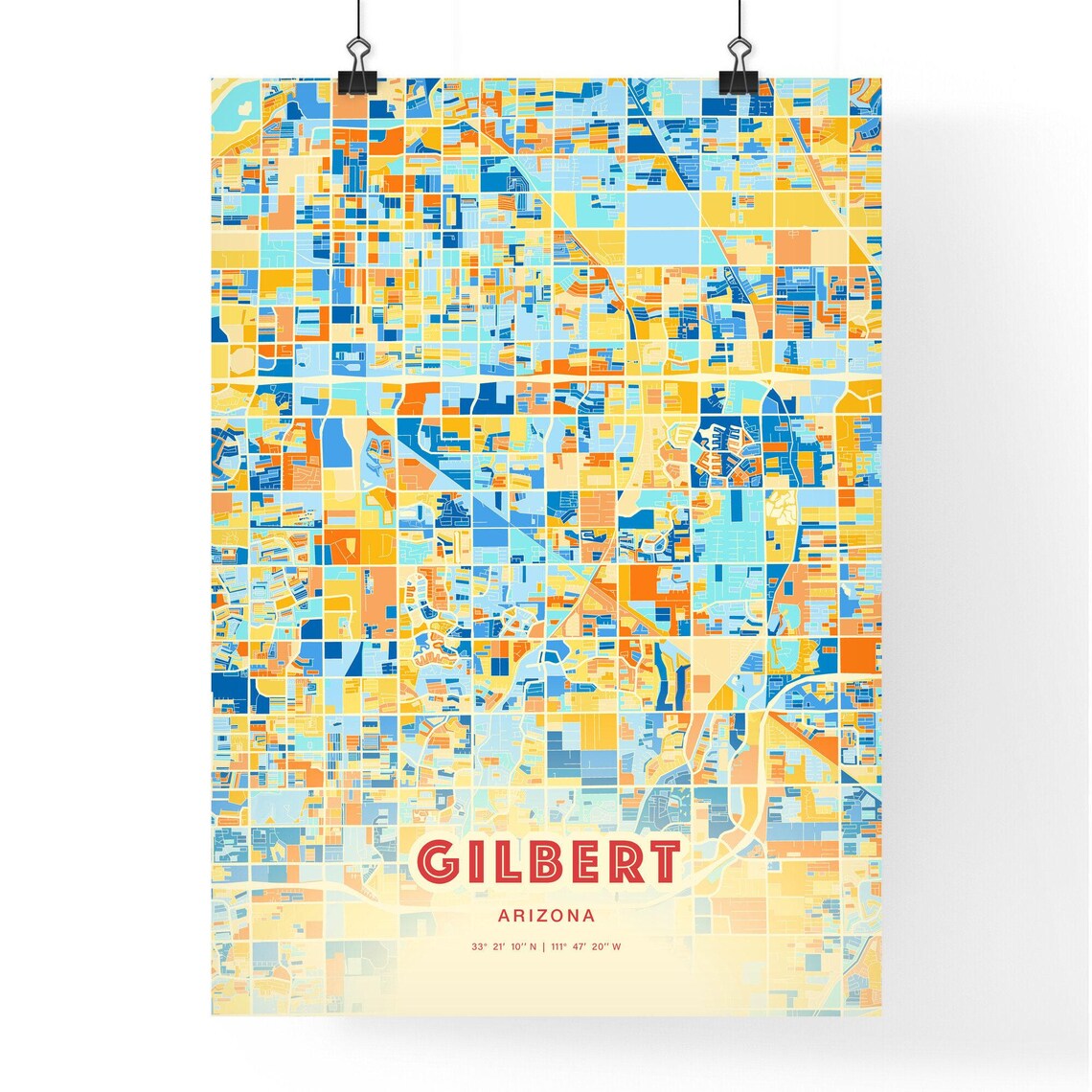 Gilbert Arizona Colorful Blue Orange Modern City Street Map Poster - Image 3