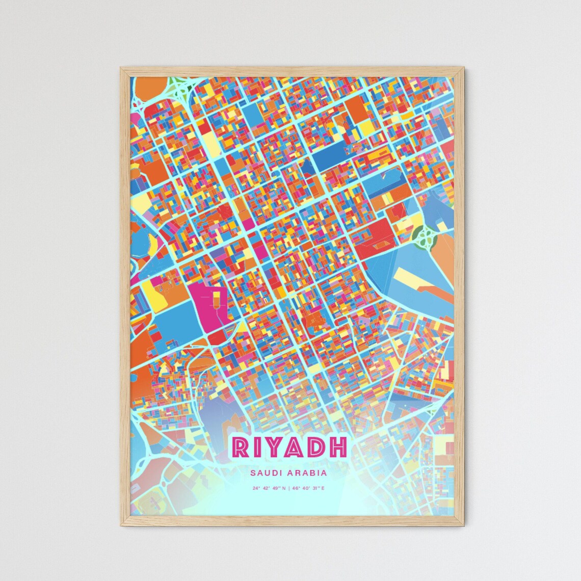 Riyadh Saudi Arabia Colorful City Map Art Poster in Pink and Turquoise