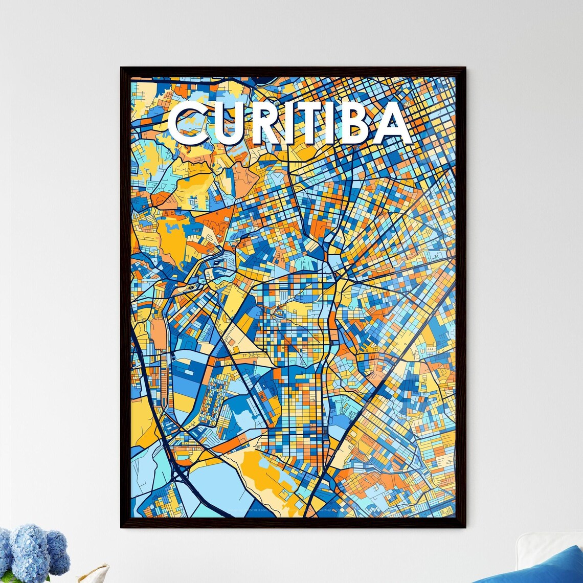 Curitiba Brazil Blue Orange City Map Poster Bold Modern Street Grid Art