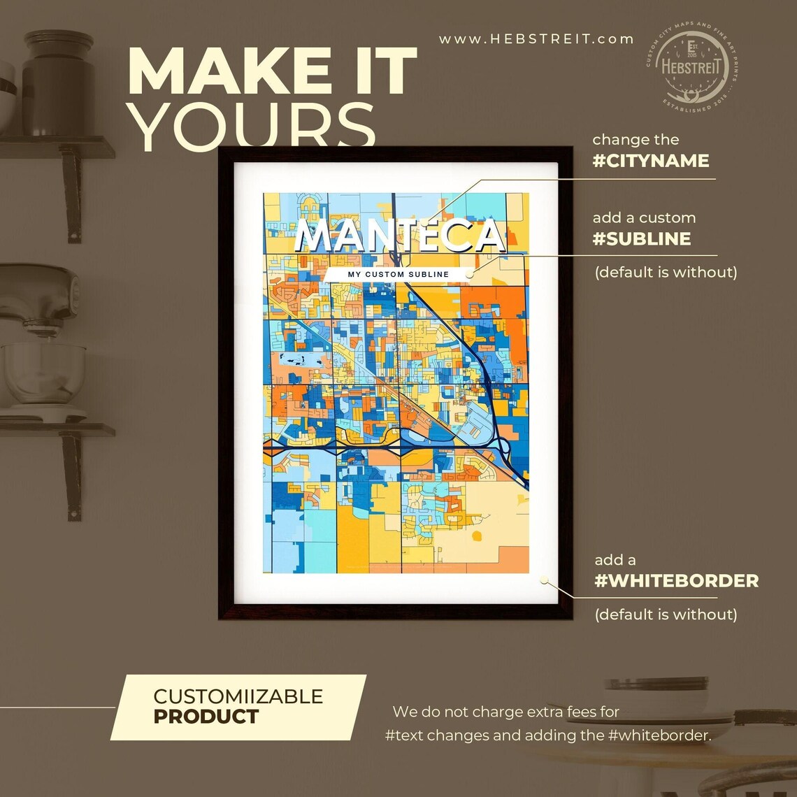 Manteca California Vibrant Blue Orange Mosaic City Street Map Poster - Image 2
