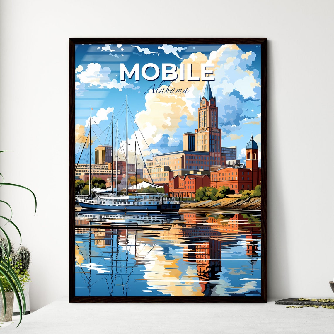 Mobile Alabama Sailboat Harbor City Skyline Clock Tower Poster