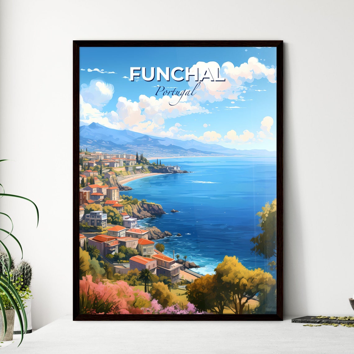 Funchal Portugal Coastal City Ocean View Anime Travel Poster