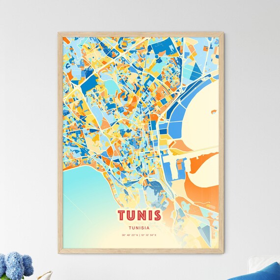 Tunis Tunisia Blue Orange City Map With Coordinates Art Poster