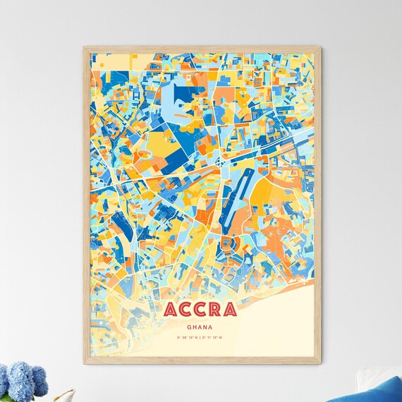 Accra Ghana Colorful Blue Orange Street Map Wall Decor Poster