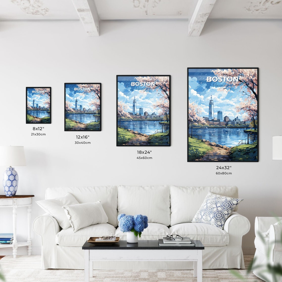 Boston Massachusetts Skyline Poster Cherry Blossom Waterfront Travel - Image 3
