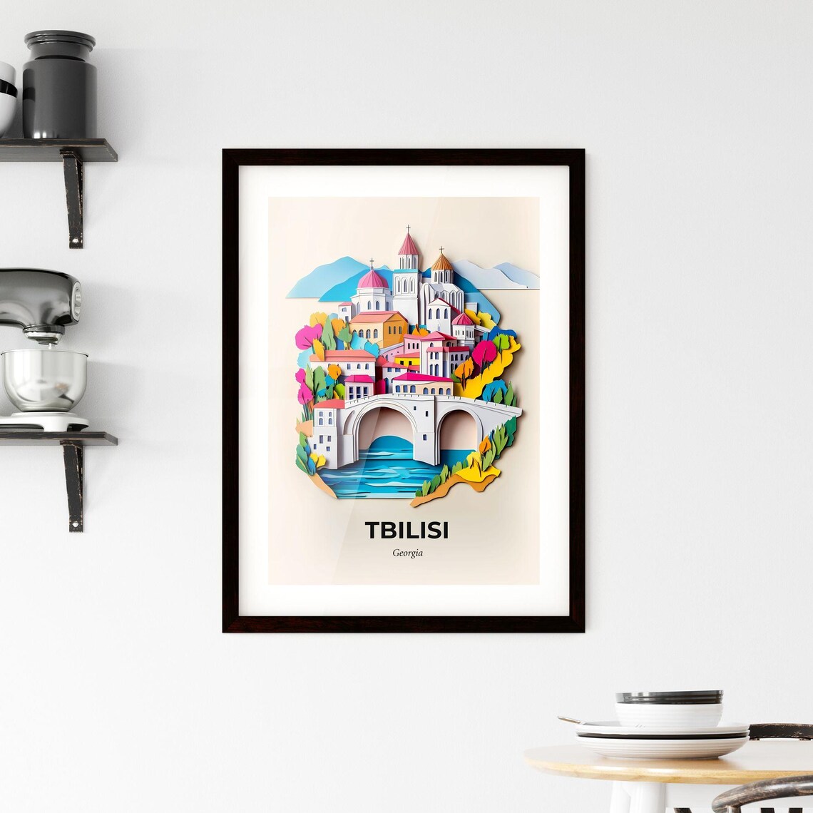 Tbilisi Georgia Old Bridge Church Colorful Paper Cut Art Poster - Image 2