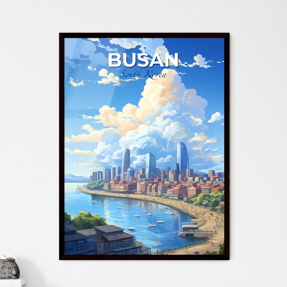 Busan South Korea Harbor Skyline Poster Sailboats Blue Sky Clouds