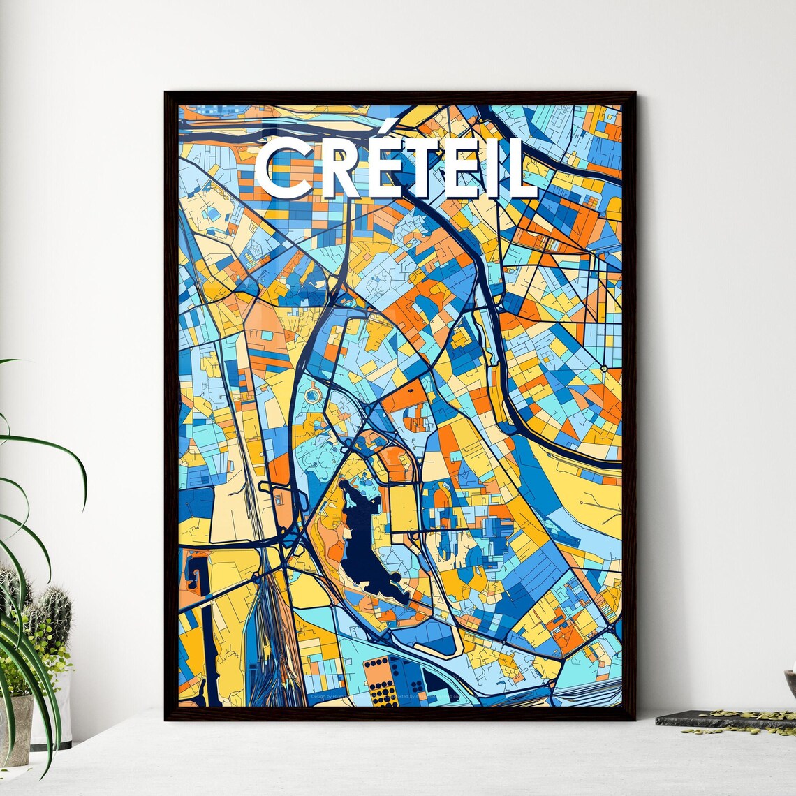 Créteil France Colorful Geometric City Map Art Poster in Blue and Orange