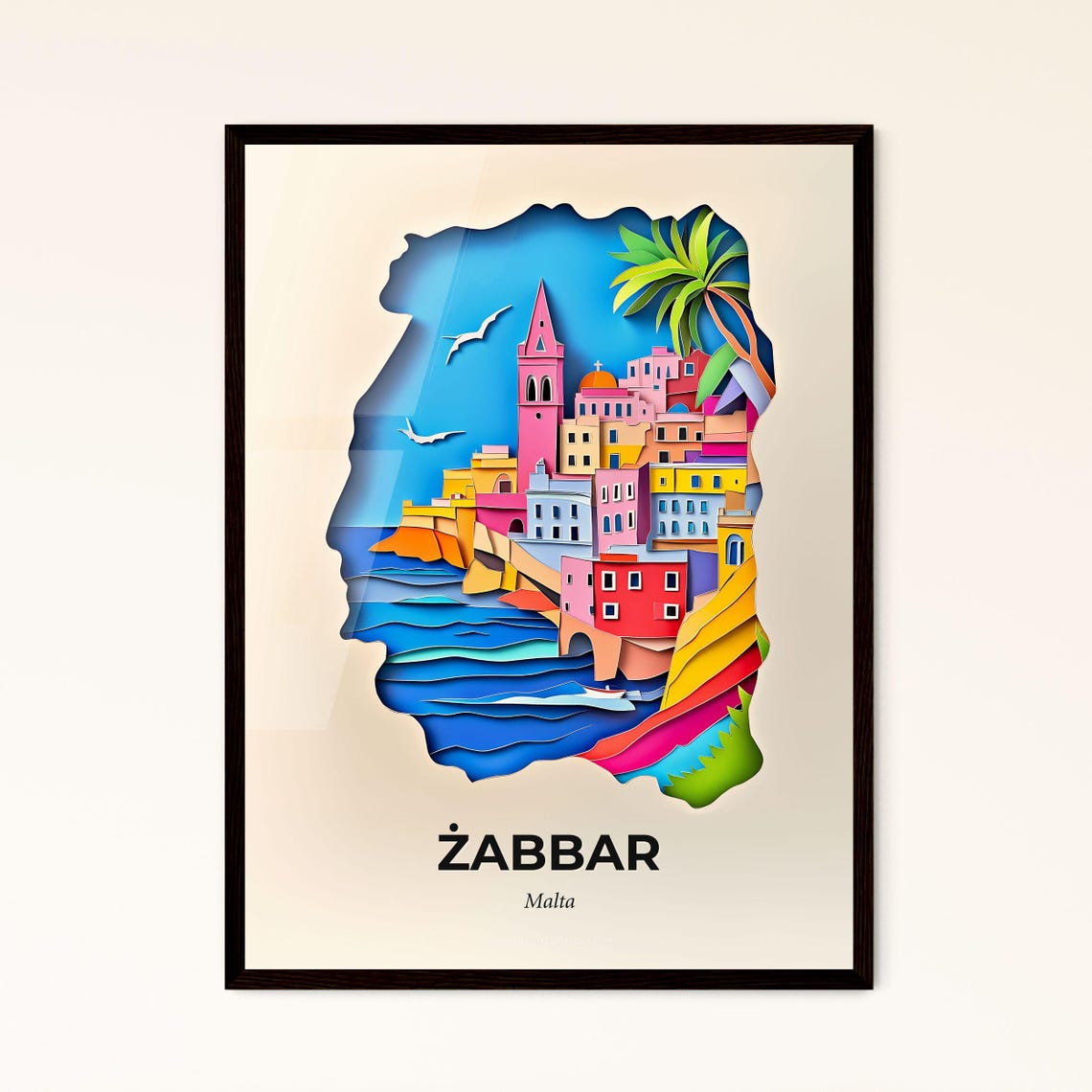 Zabbar Malta Seaside Town Paper Cut Mediterranean Travel Poster