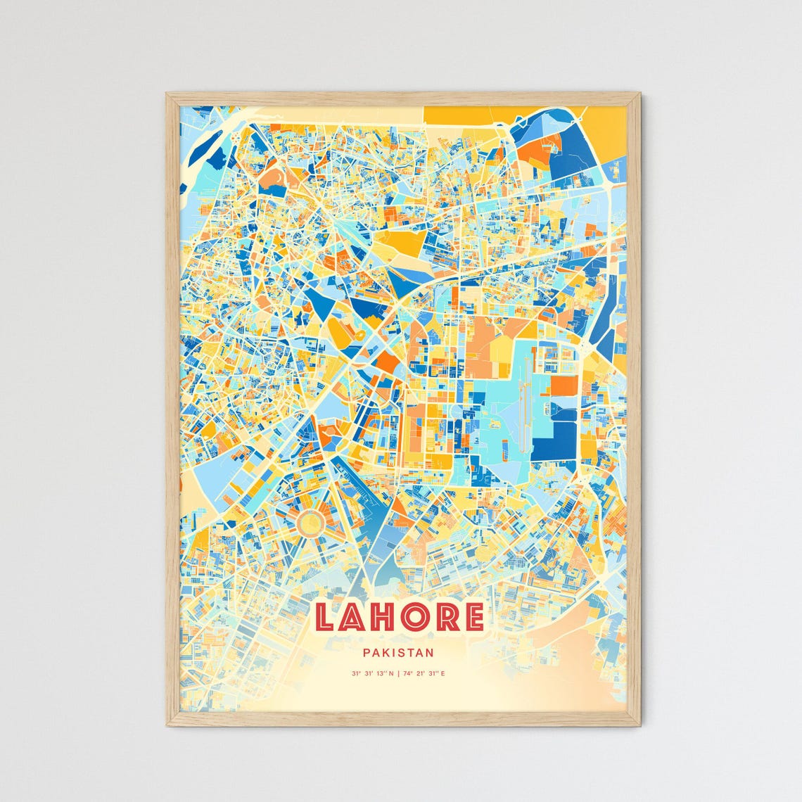 Lahore Pakistan Bold Vibrant Blue and Orange City Map Poster
