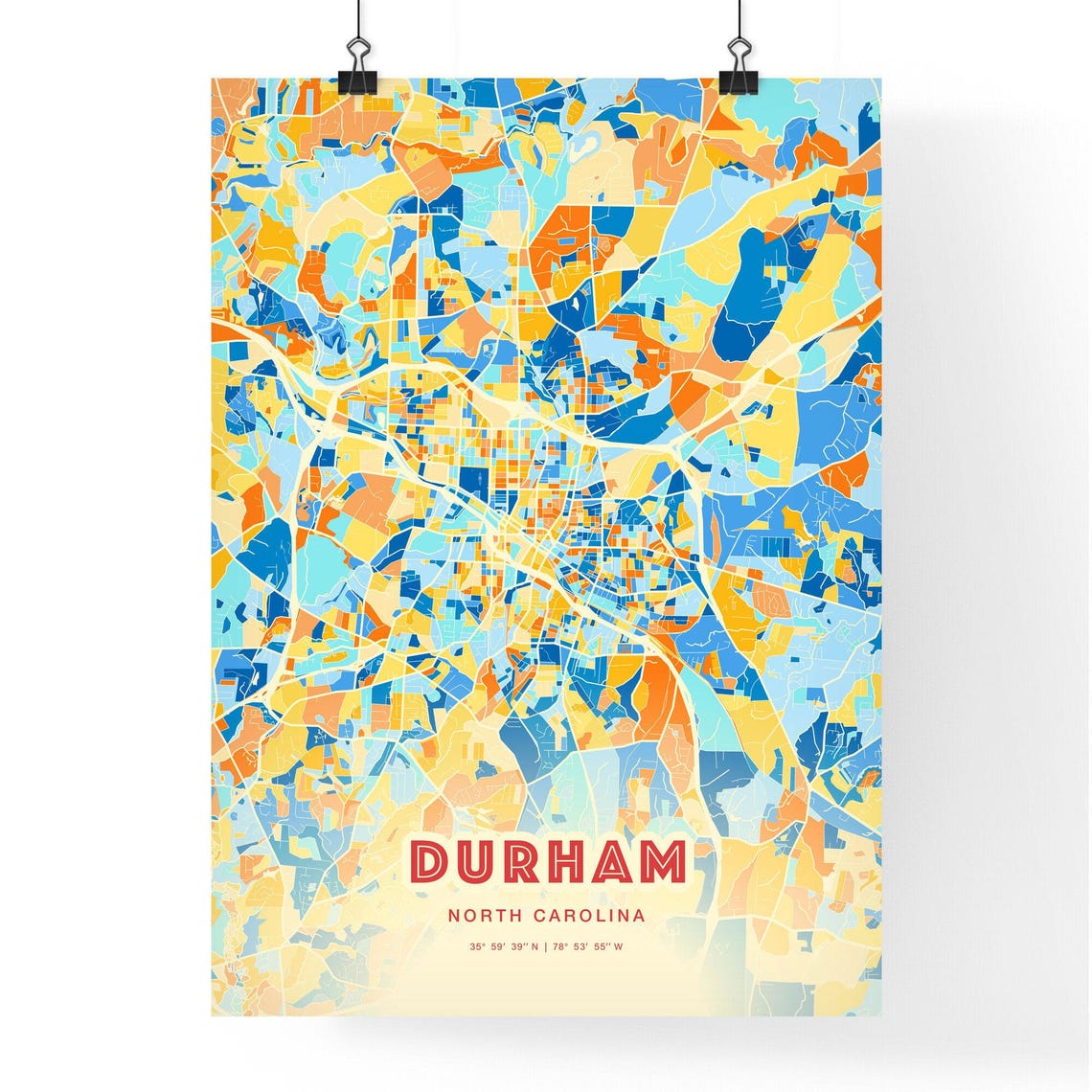 Durham North Carolina Colorful City Map Art Poster Blue Orange Design - Image 3