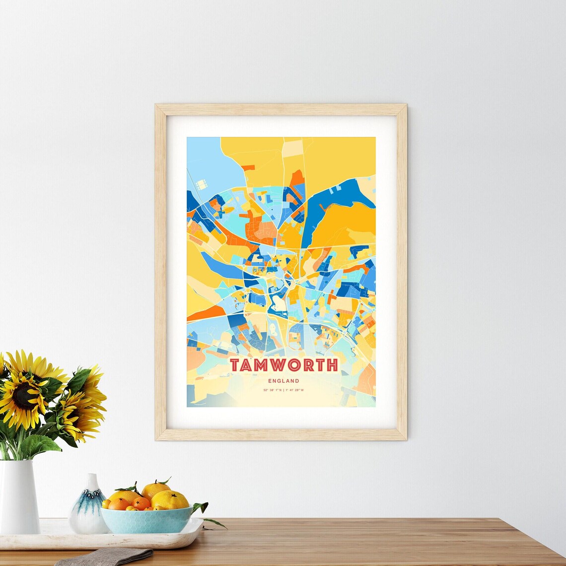Tamworth England Colorful Blue and Orange Retro City Street Map Wall Art - Image 2