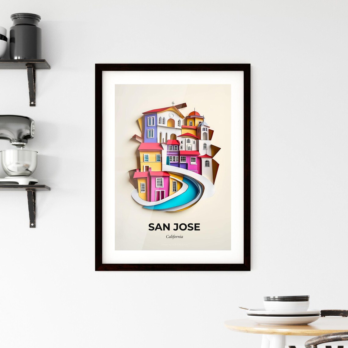 San Jose California Colorful Papercut Town River Scene Poster - Image 2