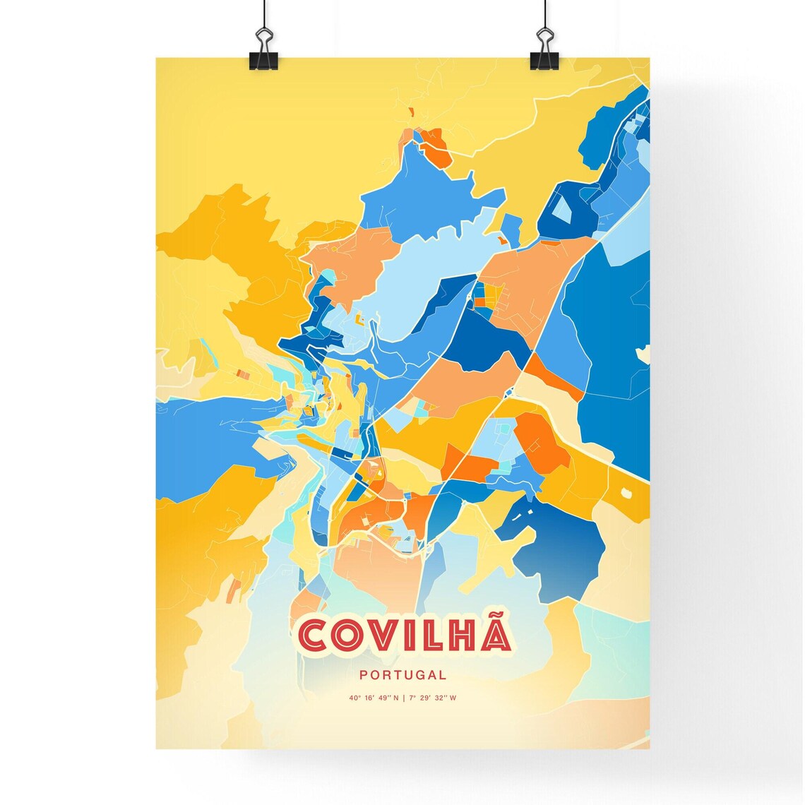 Colorful Blue and Orange Covilha Portugal Street Map Art City Poster