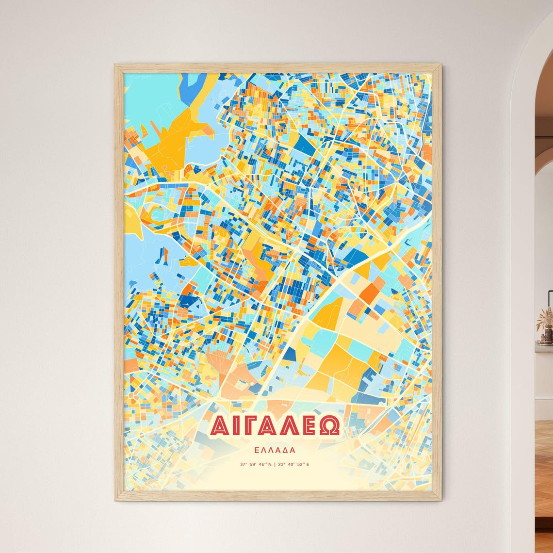 Aigaleo Greece Colorful City Map Poster Blue Orange Modern Home Decor