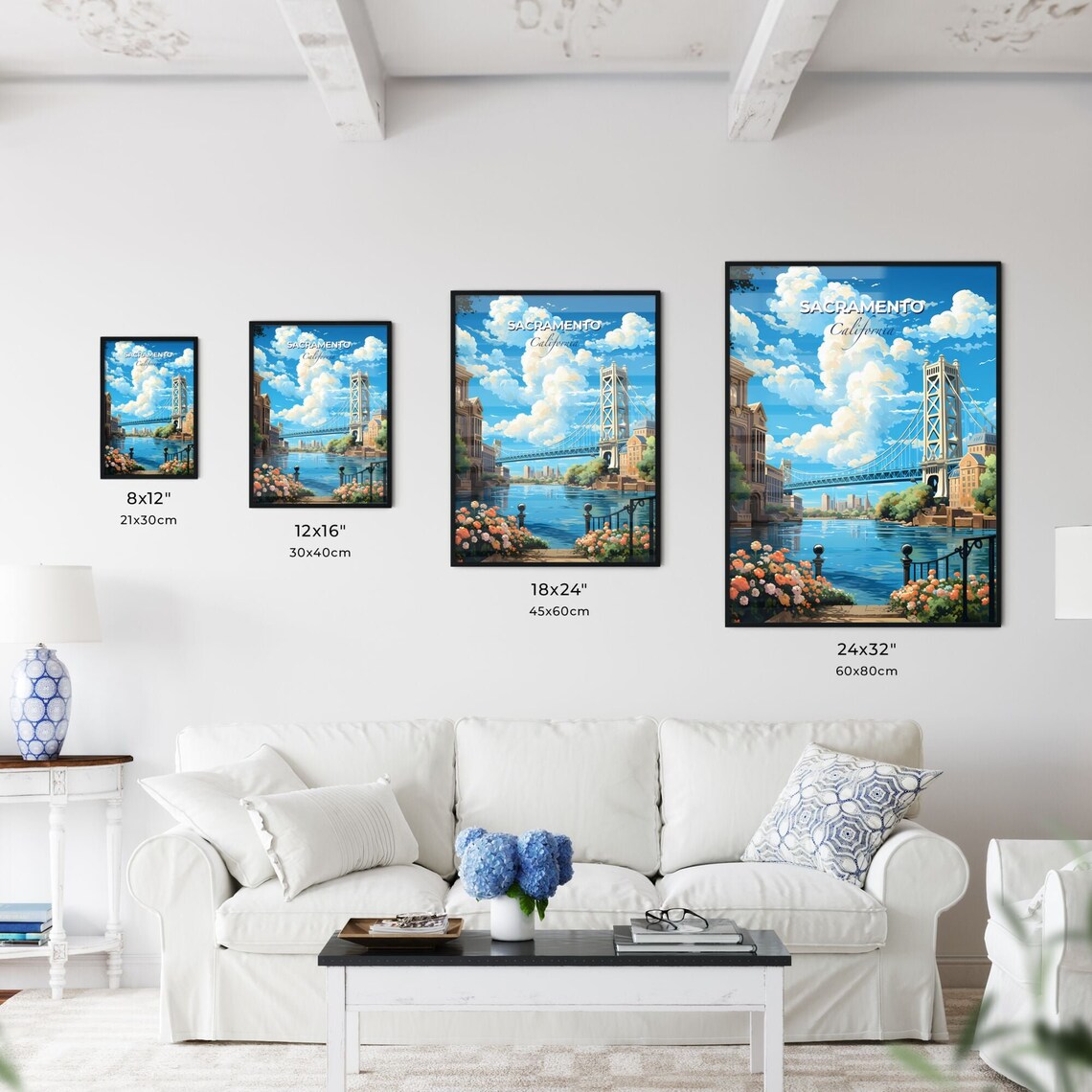 Sacramento California Travel Poster Tower Bridge River Flowers Illustration - Image 3
