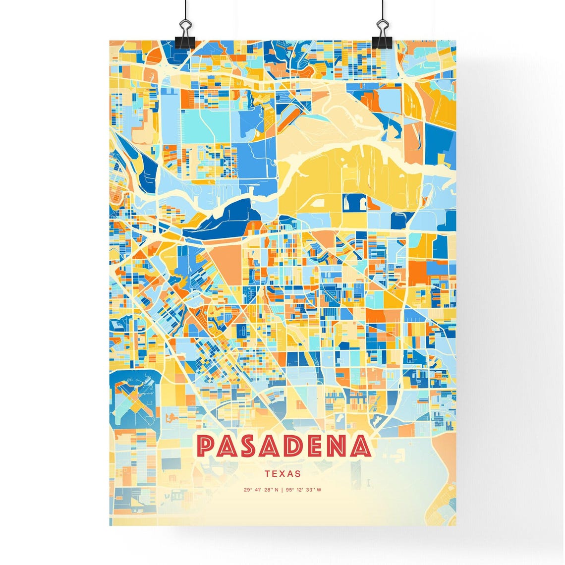 Pasadena Texas Colorful Vibrant Blue Orange City Map Art Poster - Image 3