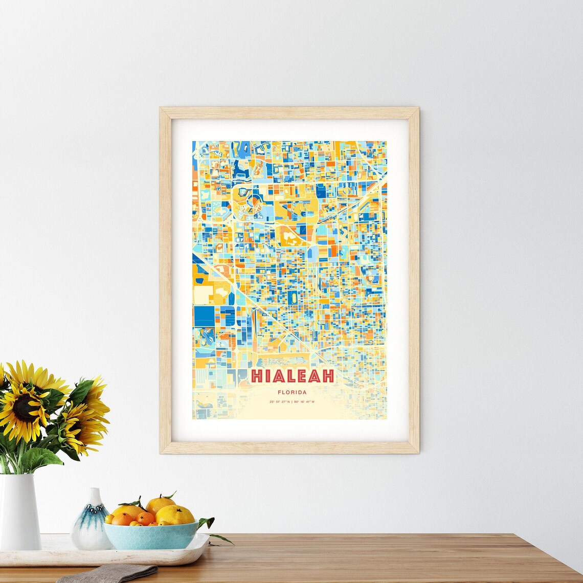 Hialeah Florida Colorful Blue Orange City Street Map Coordinates Poster - Image 2