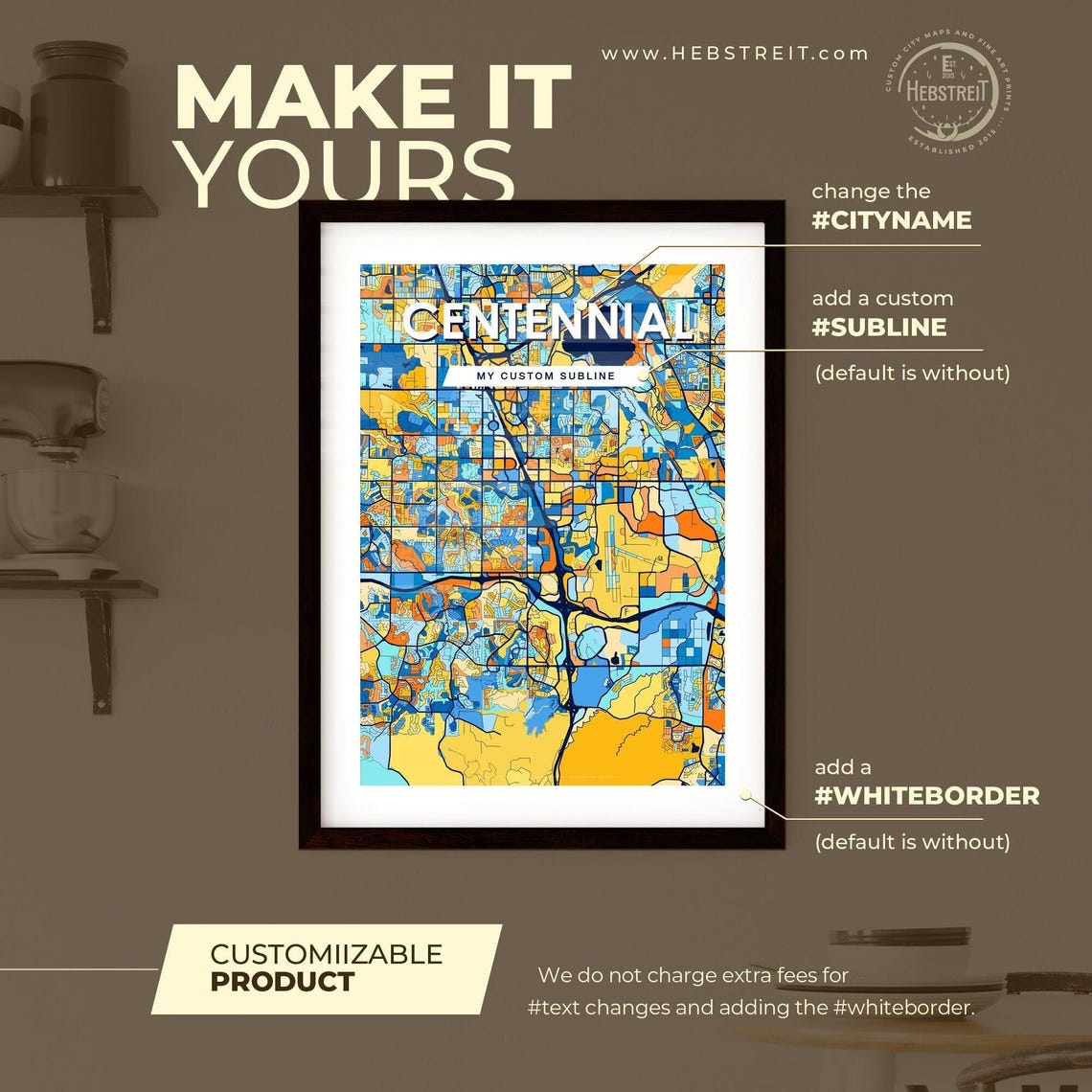 Centennial Colorado Stylized Blue and Orange City Map Poster - Image 2