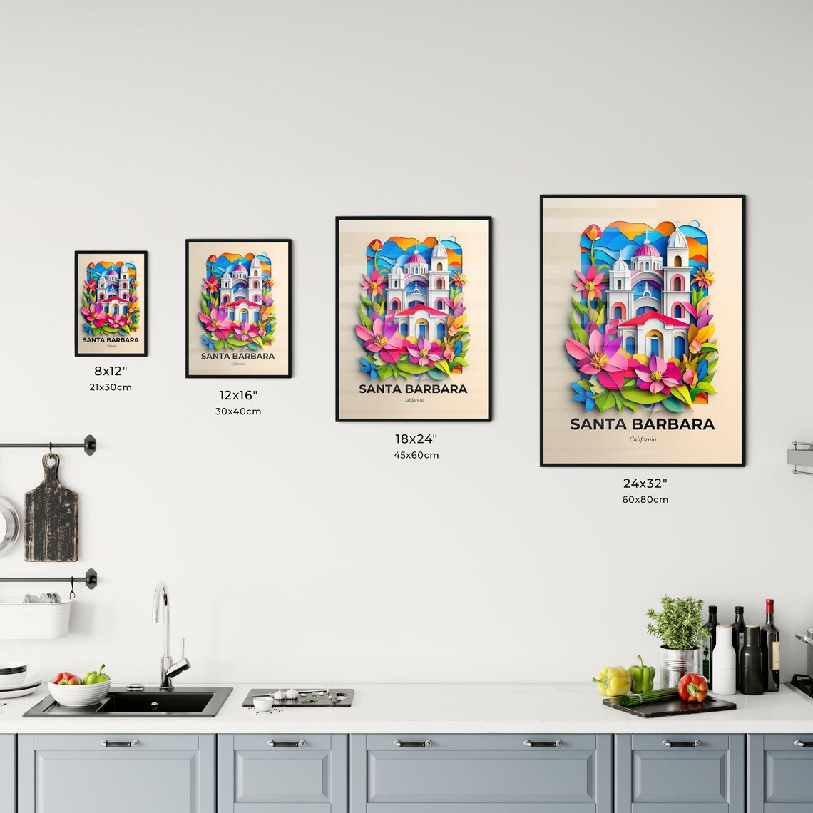 Santa Barbara California Church Flowers Paper Cut Art Poster - Image 3