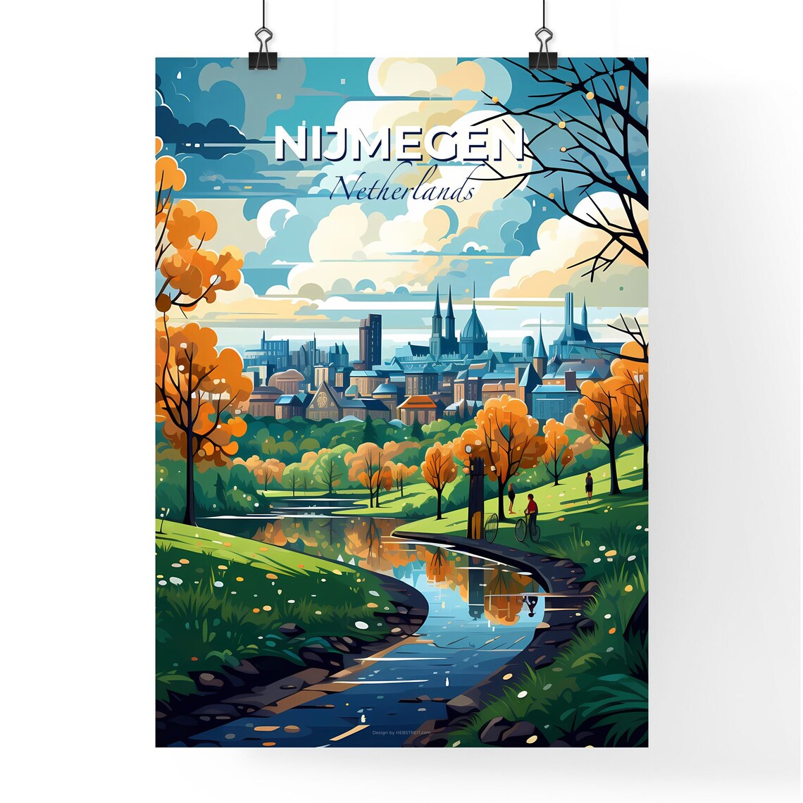 Nijmegen Netherlands Autumn Canal Park Cyclist City View Poster - Image 4