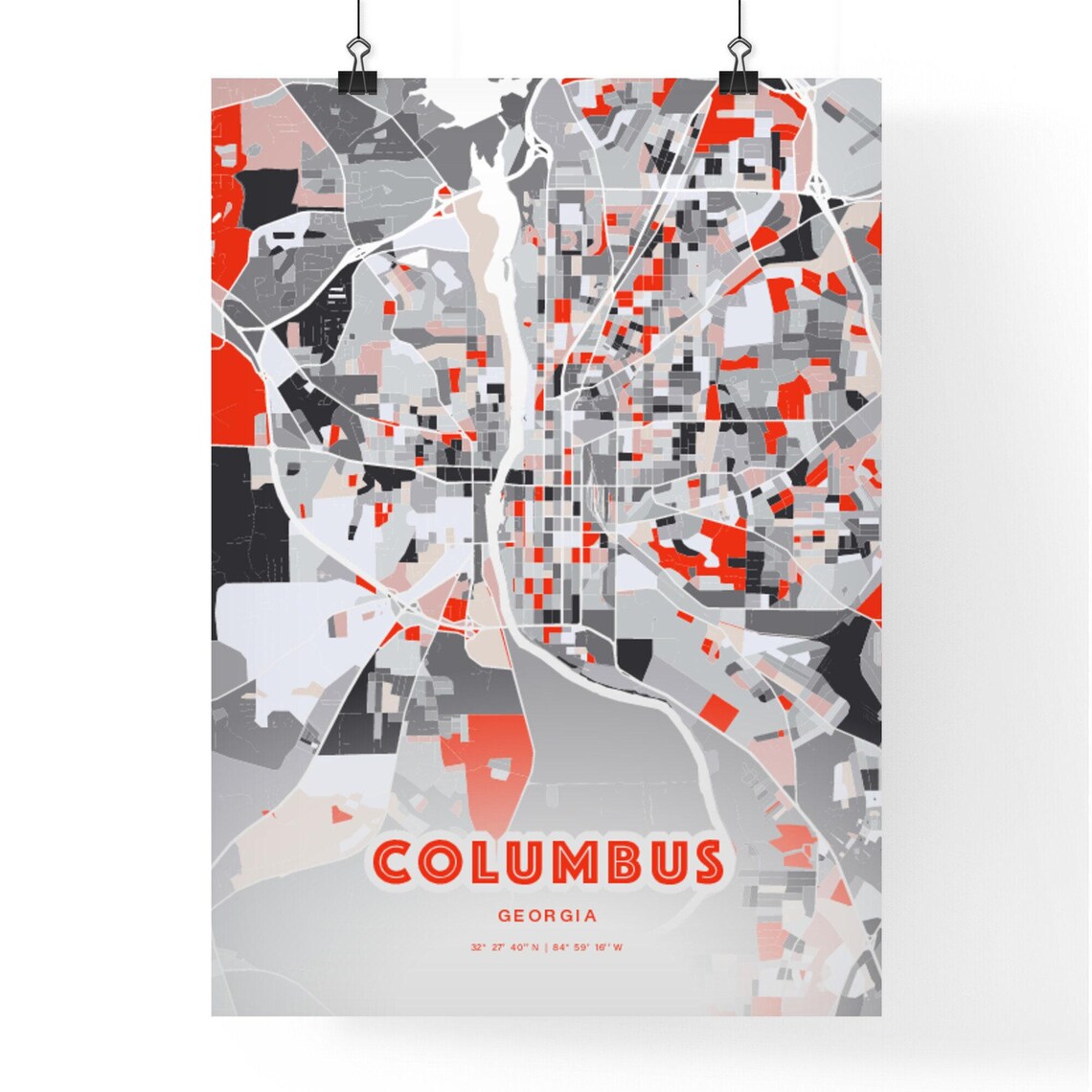 Columbus Georgia Modern Red Expressive City Map Poster with Coordinates - Image 3