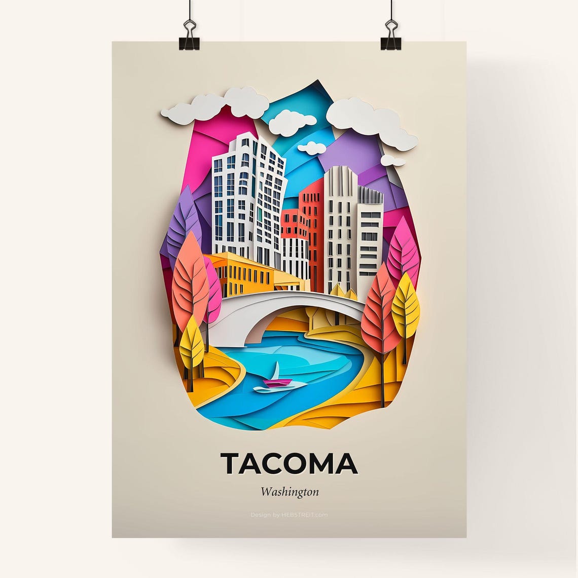 Vivid Tacoma Washington A Paper Cut Of A City With A Boat Fine Art Print Customizable - Image 4
