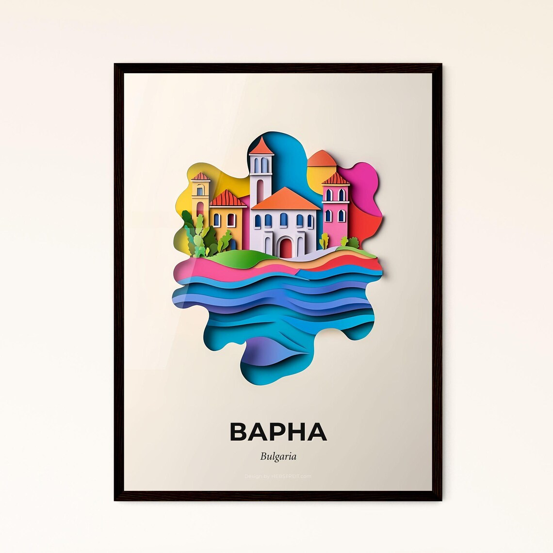 Varna Bulgaria Colorful Paper Cut Black Sea Waves Travel Poster
