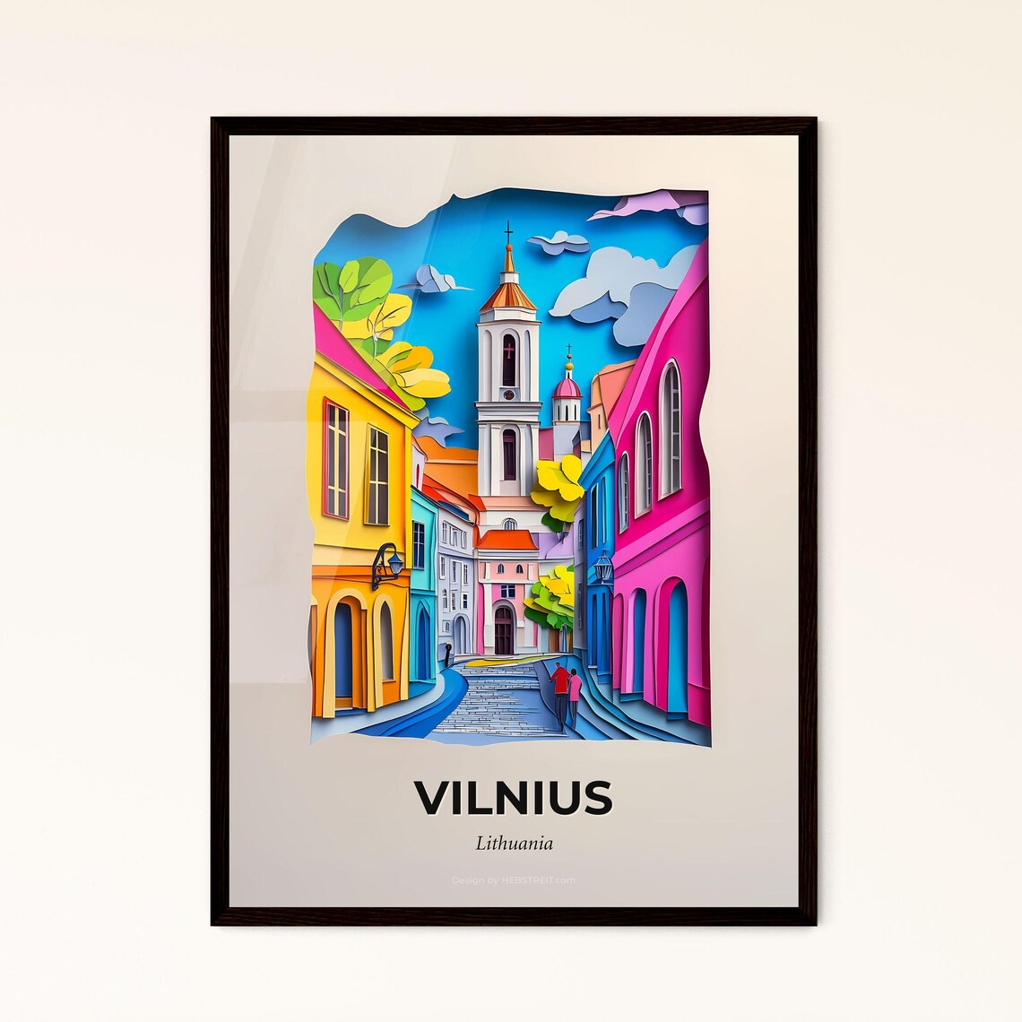 Vilnius Lithuania Colorful Paper Cut Old Town Street Travel Poster