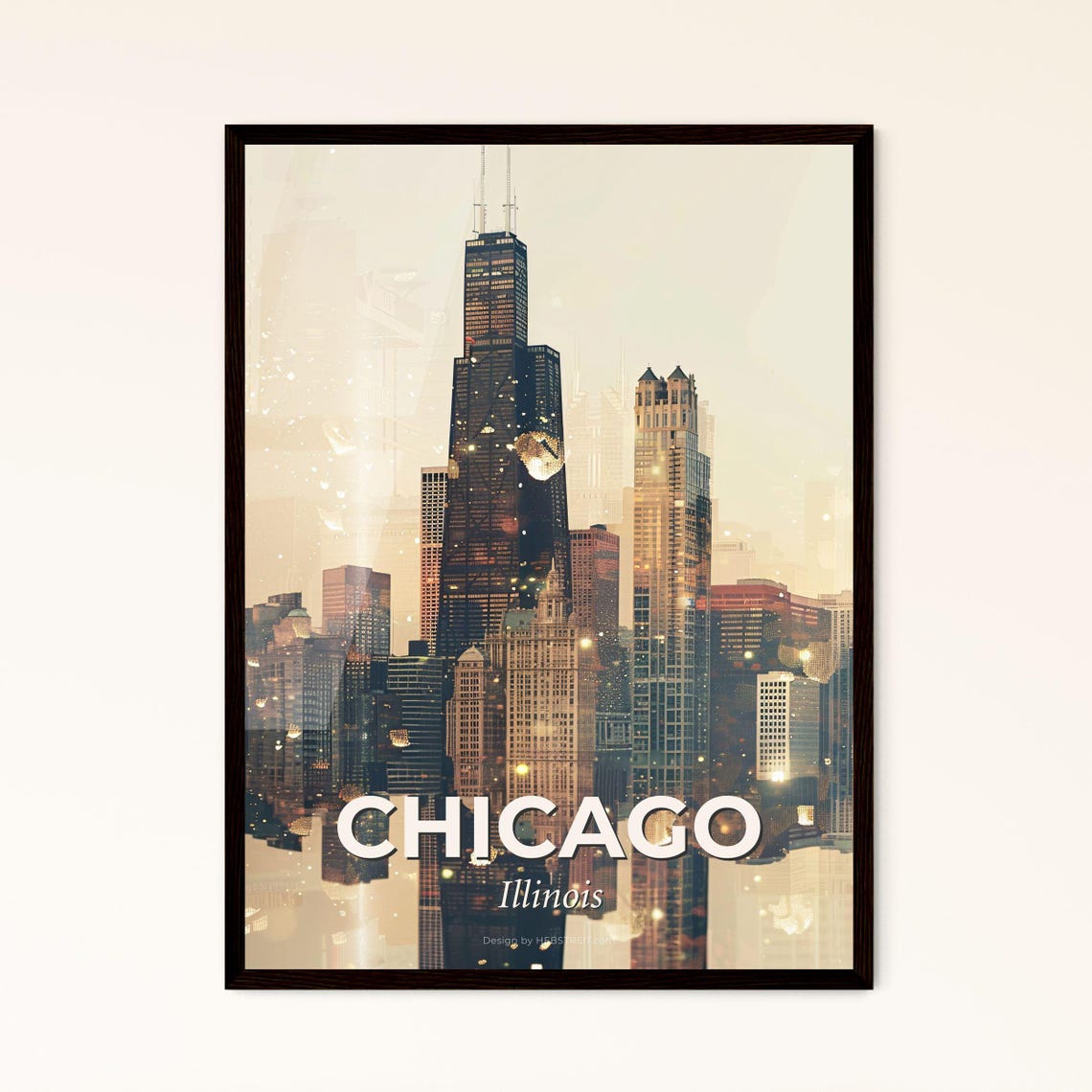 Chicago Illinois Downtown Skyline Towers Golden Sunset Art Poster