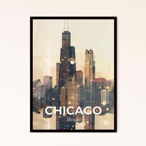 Chicago Illinois Downtown Skyline Towers Golden Sunset Art Poster