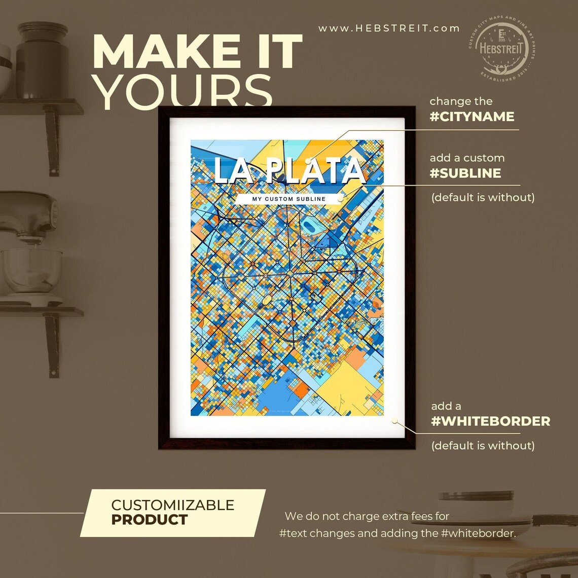 La Plata Argentina Stylish Vibrant Blue and Orange Mosaic City Map Poster - Image 2