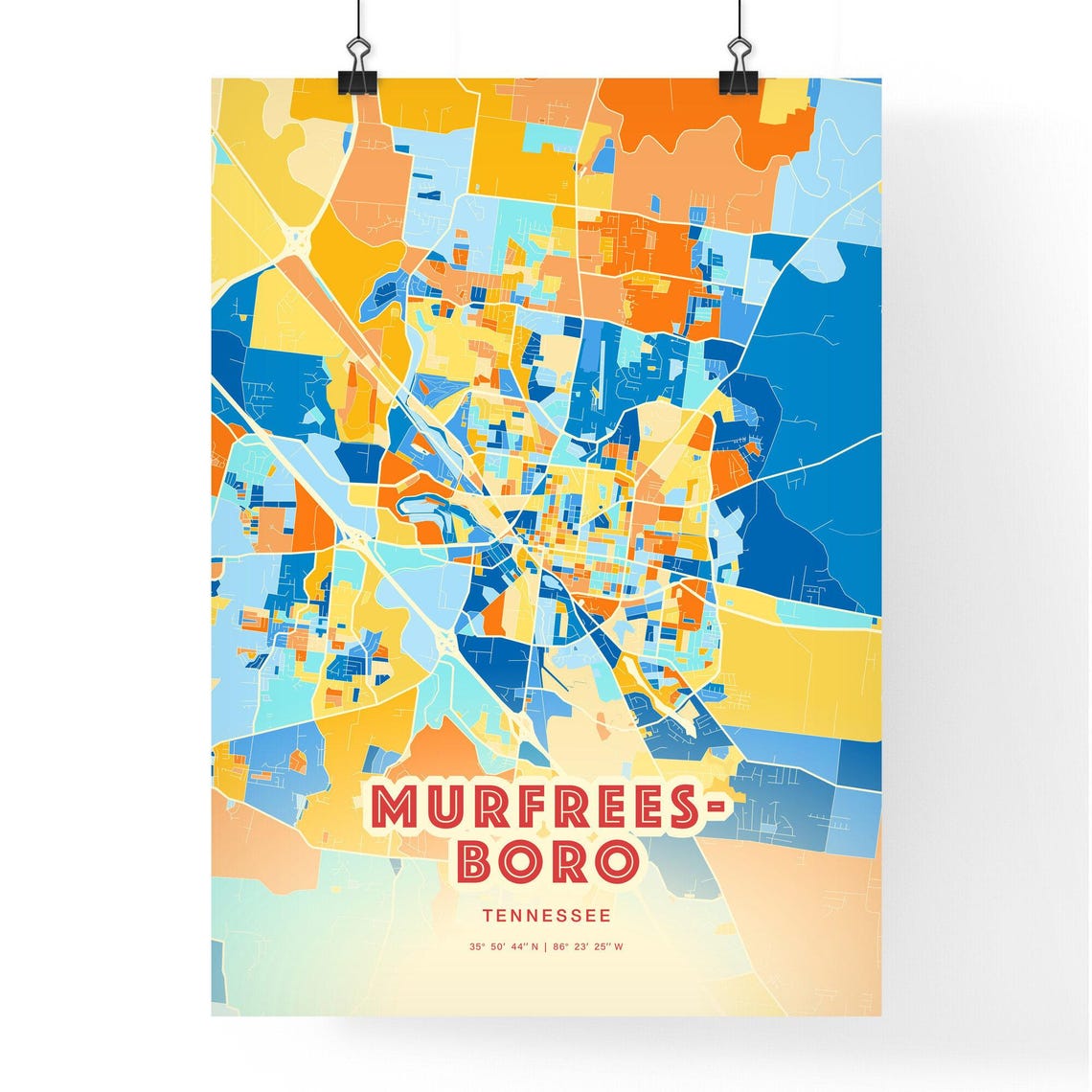 Murfreesboro Tennessee Colorful Blue Orange City Map Art Poster - Image 3