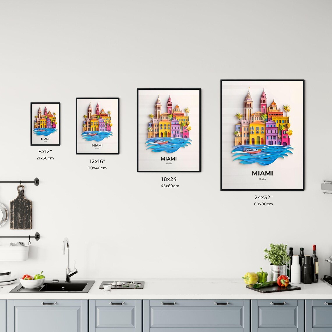 Miami Florida 3D Paper Cut Colorful Waterfront Palm City Art Poster - Image 3