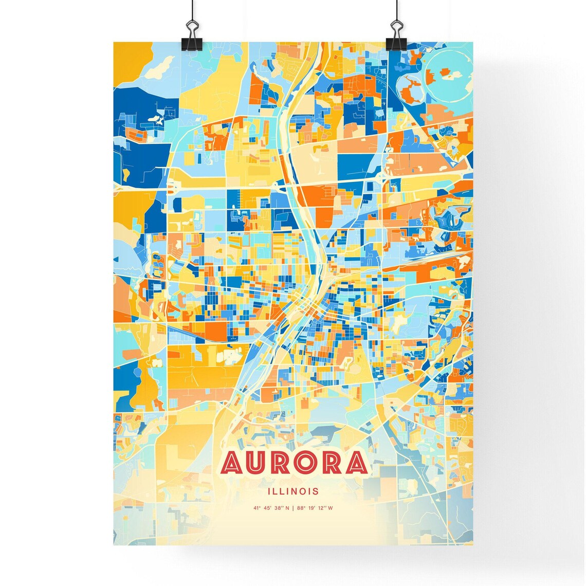 Aurora Illinois Colorful Blue Orange City Street Map Coordinates Poster - Image 3